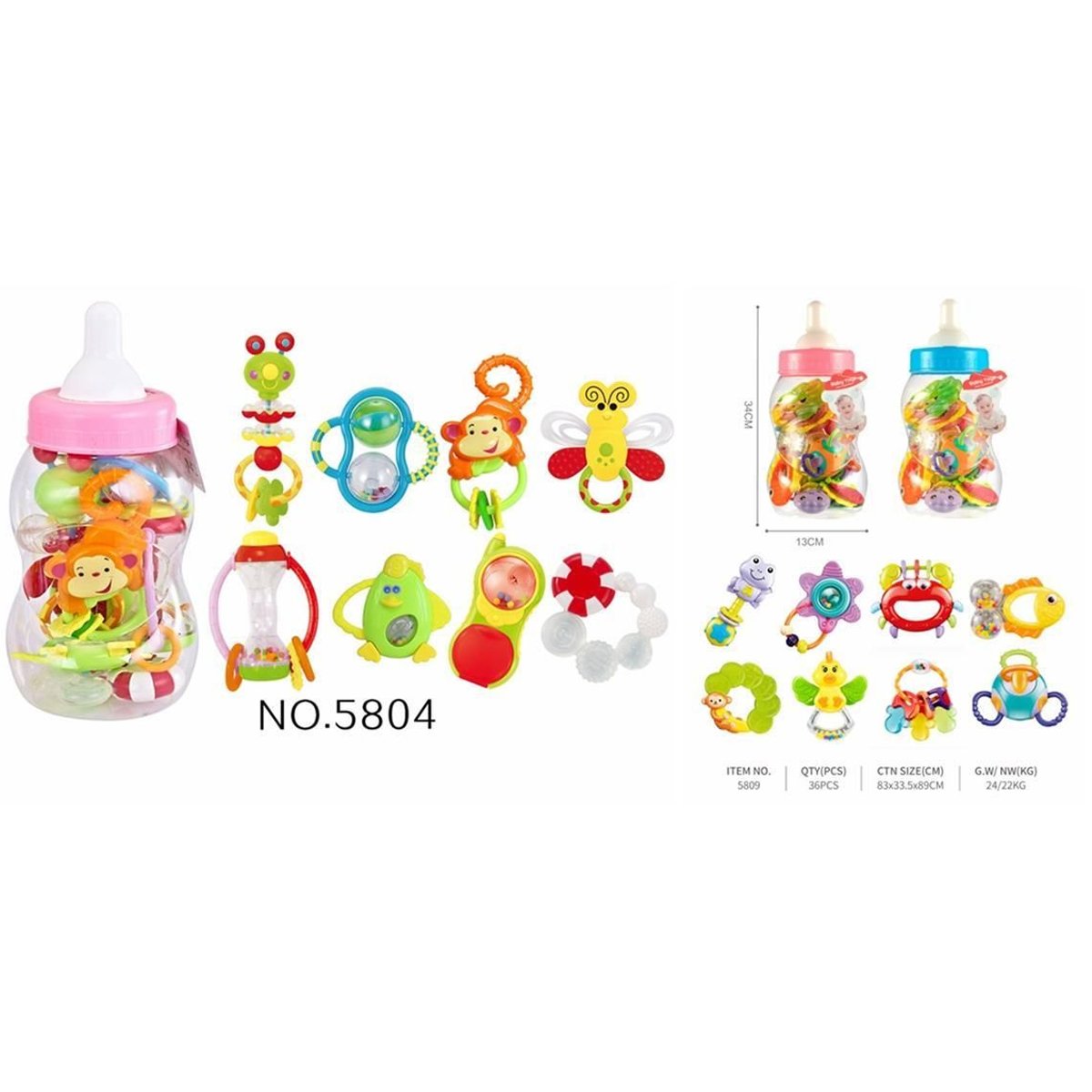 MODELO 5804- 5809 Set de 6 Sonajeros y Mordedores Premium en Estuche Biberón