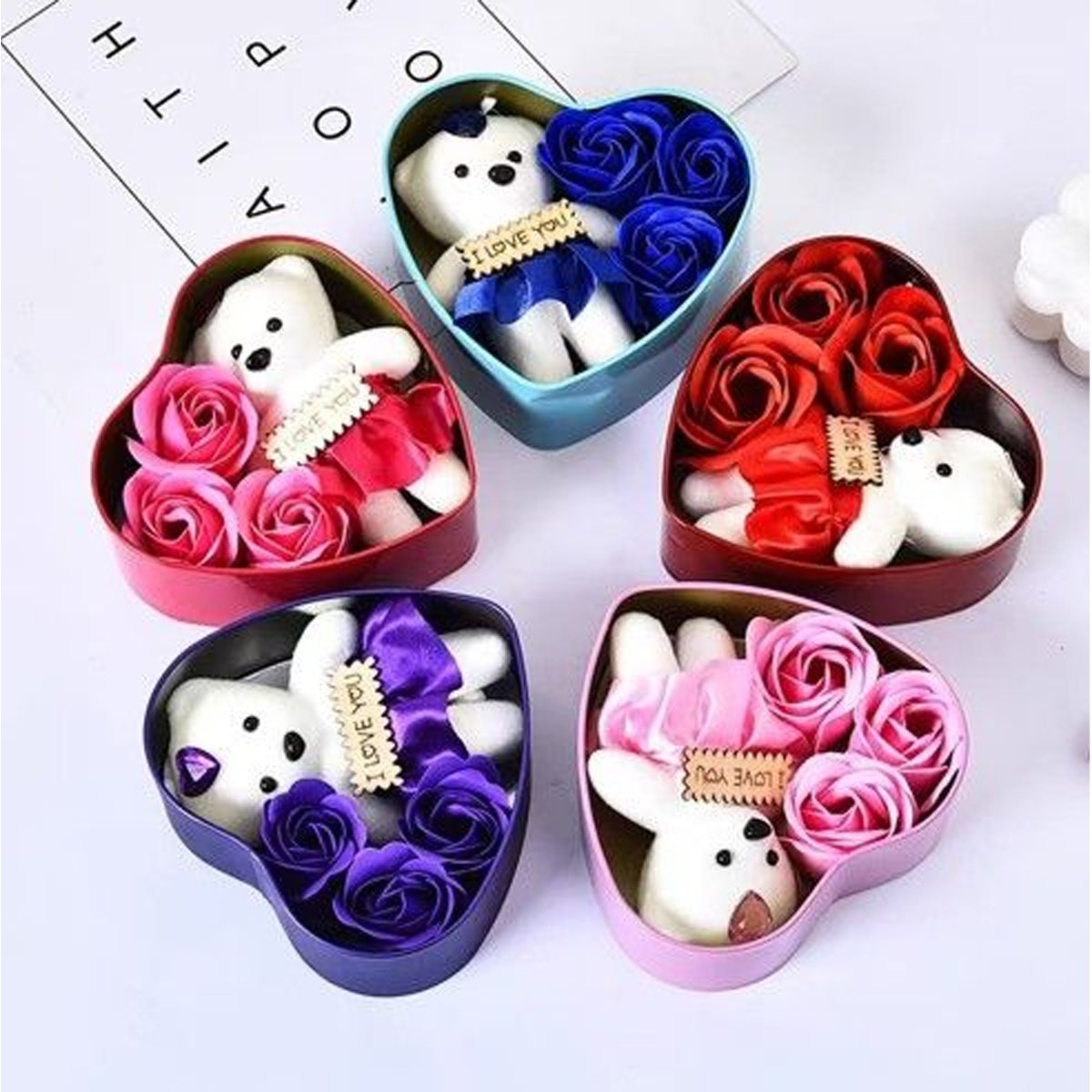 Modelo: F6721-6 Cajas Metálicas de Corazón con Osito y Rosas