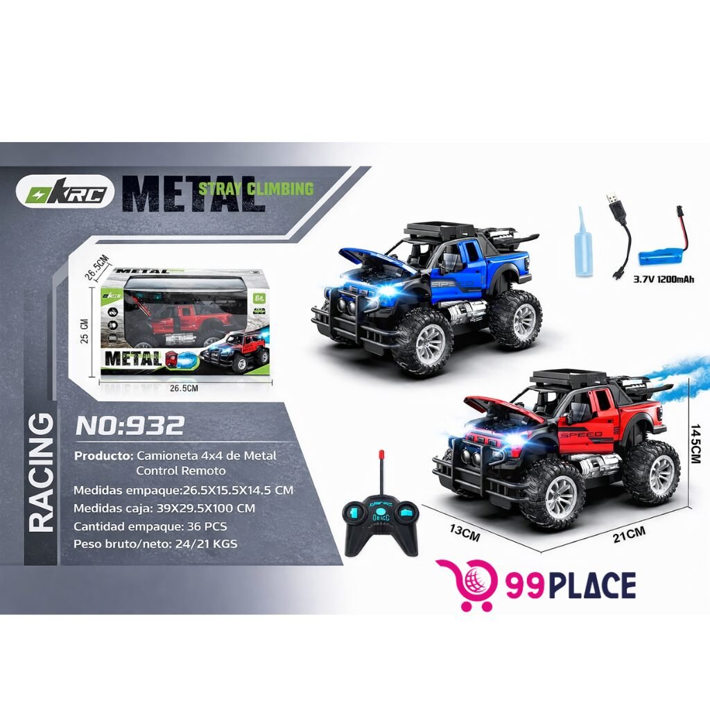 (932)Camioneta a Control Remoto KRC Metal Spray Climbing 4x4 Con Vapor y Luces LED
