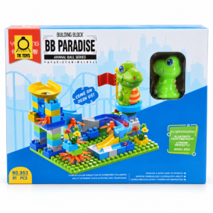 Empaque del modelo 963 BB Paradise, pista de canicas con dinosaurio de 91 piezas
