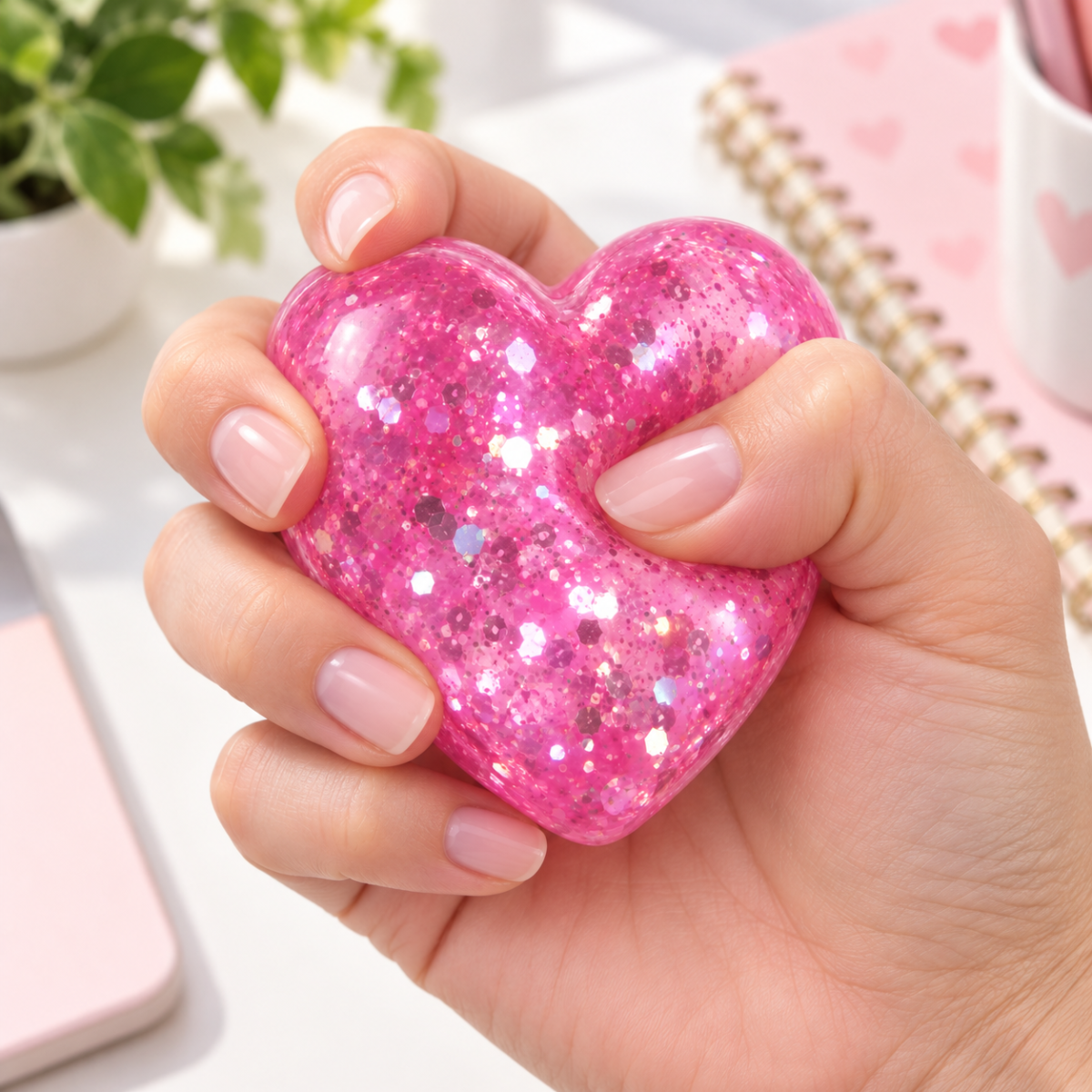 SQ-10 Corazón squishy brillante — uso escritorio