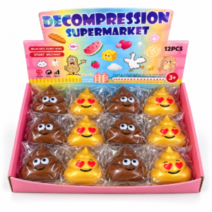 SQ-23: exhibidor de squishies emoji café y amarillo en envoltura individual