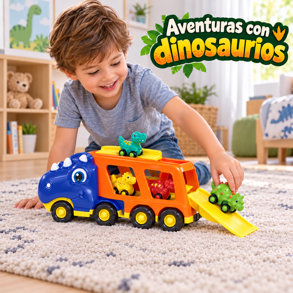 (677A6) Camión dinosaurio con rampa, luz y música - Imagen 2