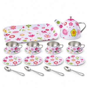 (PY555-66) Juego de té infantil floral con bandeja y cucharitas